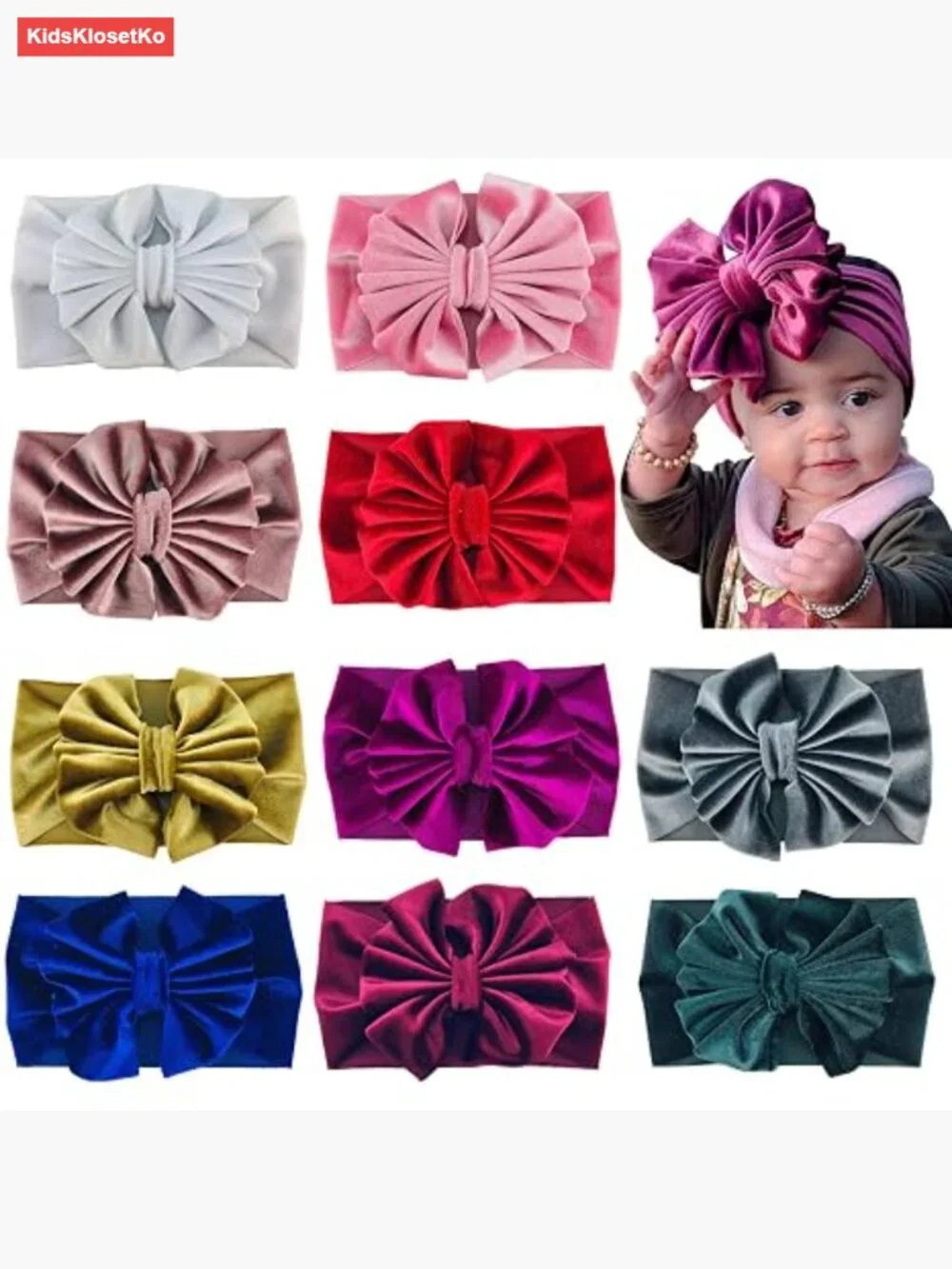 10 Pack Stretchy Velvet Big Bow Headbands for Baby Girls Toddlers
